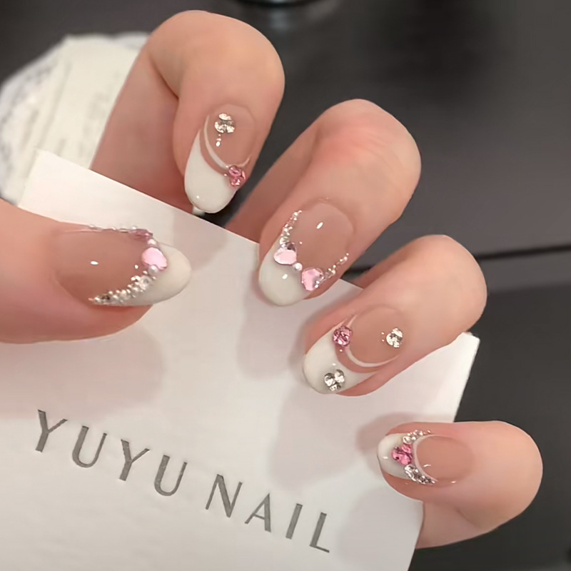 Nail Art French - 10 szt. Białe Francuskie Różowe Serduszka